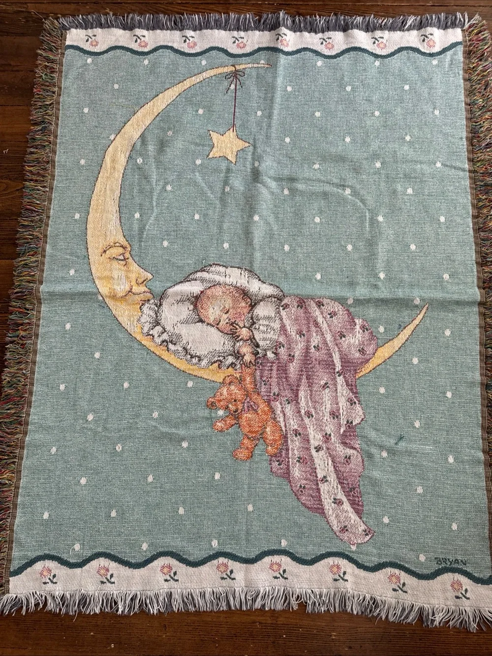Vintage Alagold Corp Tapestry Throw Blanket Baby Sleeping on Moon bear 35x47